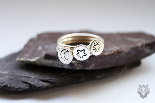 Sun, Star & Moon Engraved Stacking Set ~ stamped, sterling silver, gift, celestial, stackable, recycled, science