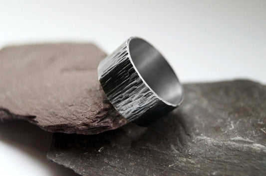 Recycled Sterling Silver Wood Grain Wide Ring ~ chunky ring, statement, unisex, men's ring, oxidised, hammered, tree bark