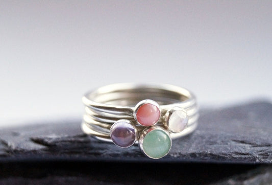 Four Gemstone Recycled Sterling Silver Ring Stack ~ statement ring, stacking ring, gemstone, unique, beaded, birthstone