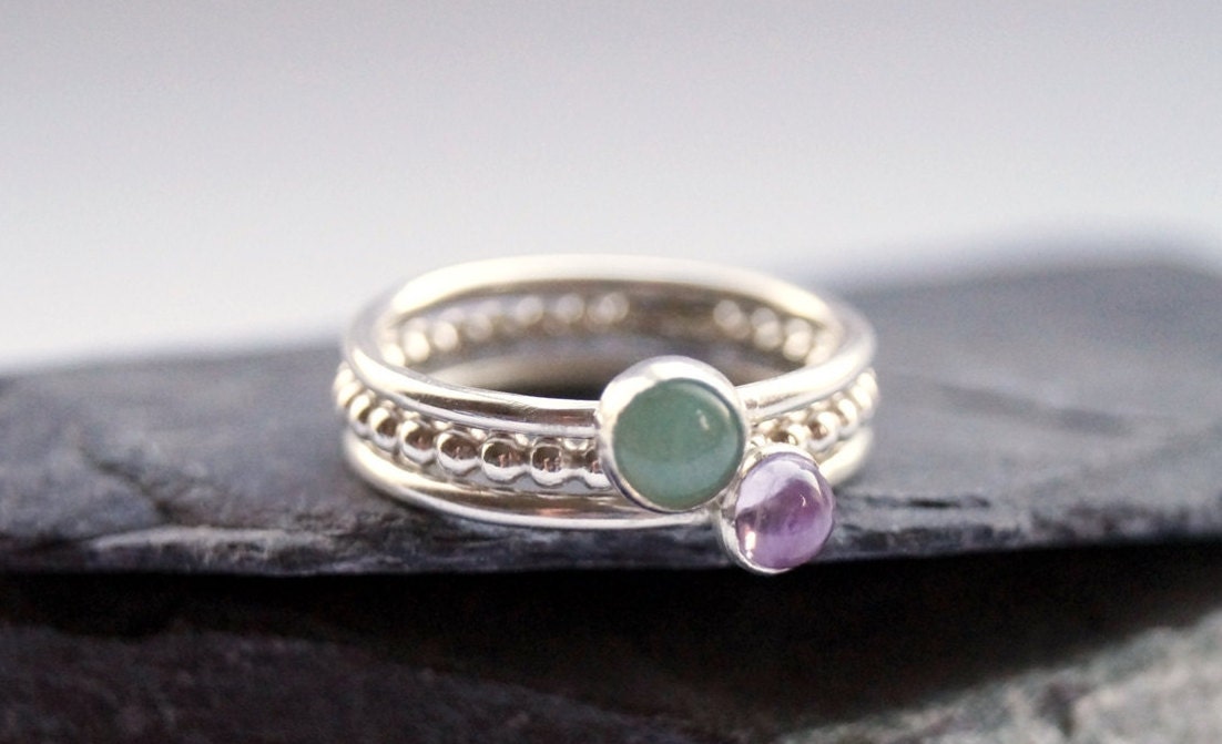 Gemstone Beaded Recycled Sterling Silver Ring Stack ~ statement ring, stacking ring, gemstone, birthstone