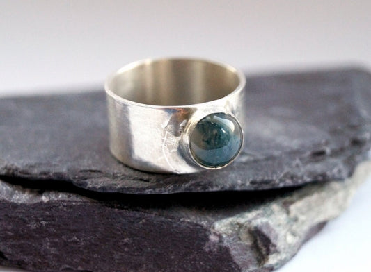 Green Moss Agate Wide Sterling Silver Ring ~ unisex, men's ring, women's ring, gemstone, statement ring, recycled