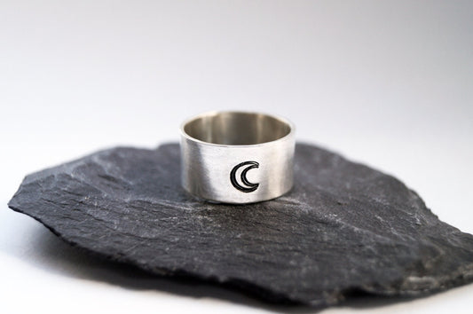 Recycled Sterling Silver Crescent Moon Wide Band ~ unisex, men's ring, women's ring, oxidised, statement