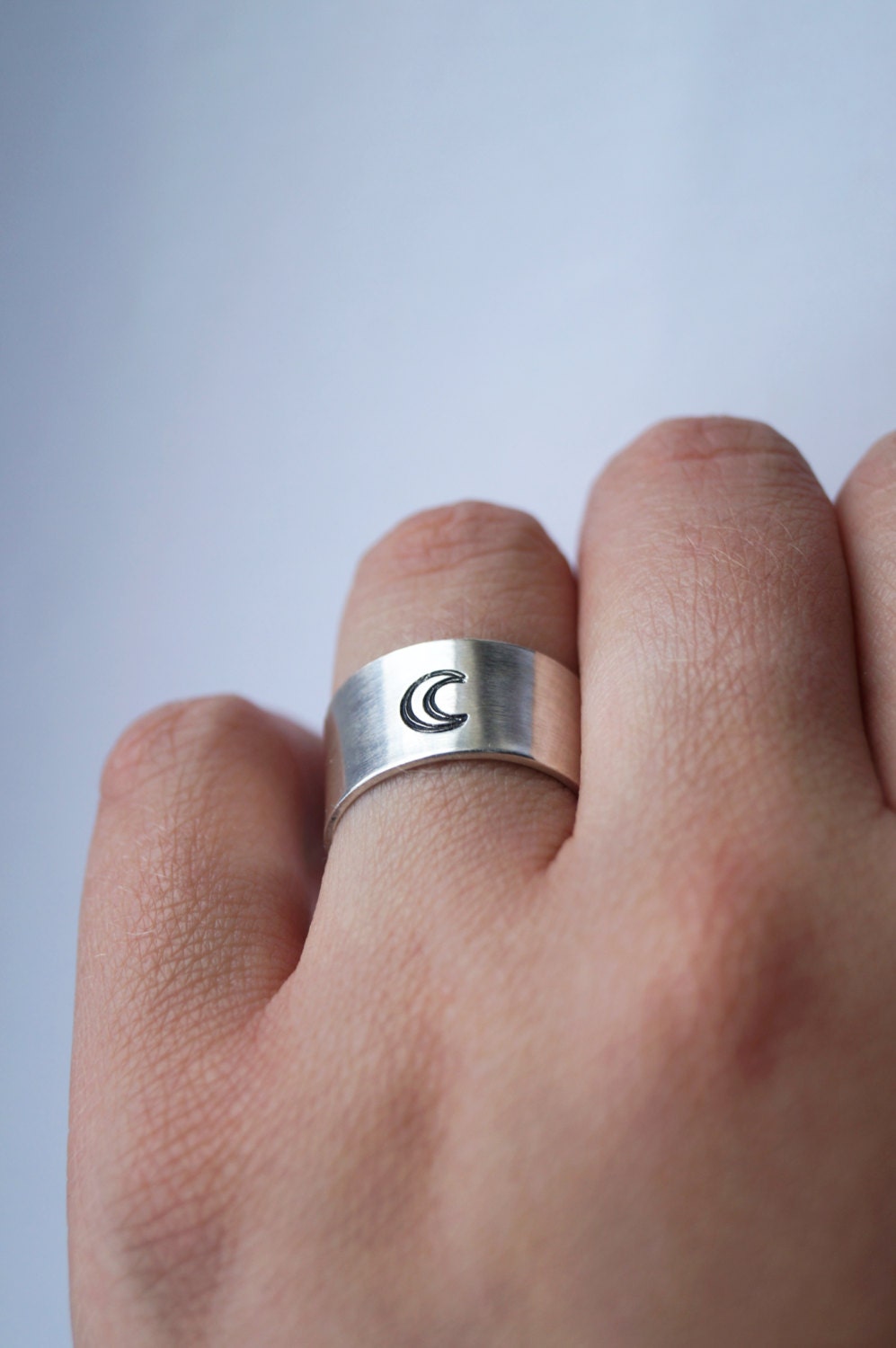 Recycled Sterling Silver Crescent Moon Wide Band ~ unisex, men's ring, women's ring, oxidised, statement