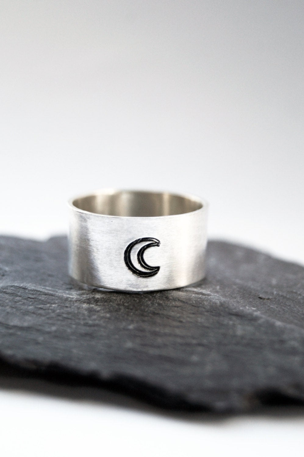 Recycled Sterling Silver Crescent Moon Wide Band ~ unisex, men's ring, women's ring, oxidised, statement