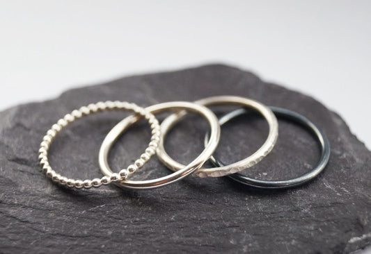 Four Recycled Sterling Silver Stacking Rings - hammered, silver bands, oxidised, modern, beaded, stackable, bubble ring, textured, recycled