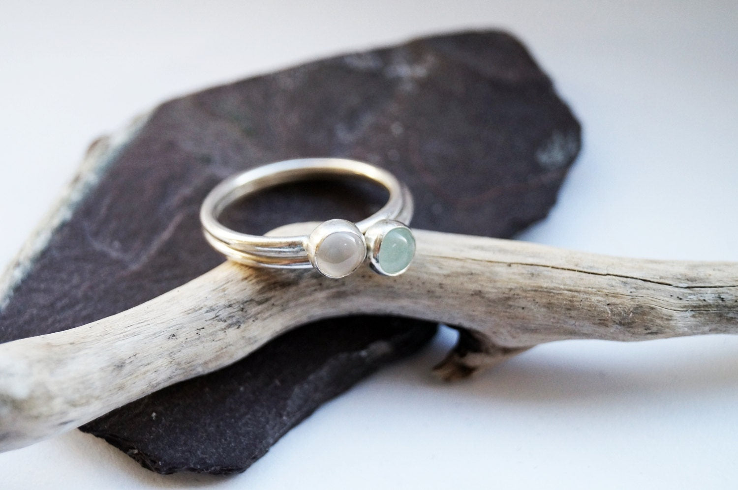 Moonstone & Aventurine Recycled Sterling Silver Stacking Rings ~ statement ring, stacking ring, gemstone, birthstone