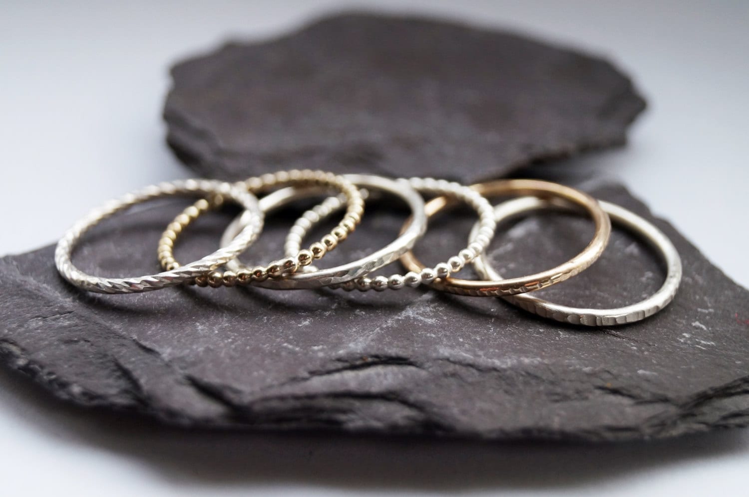 9ct Recycled Gold & Sterling Silver Six Stack ~ hammered, textured, stackable, stacking rings