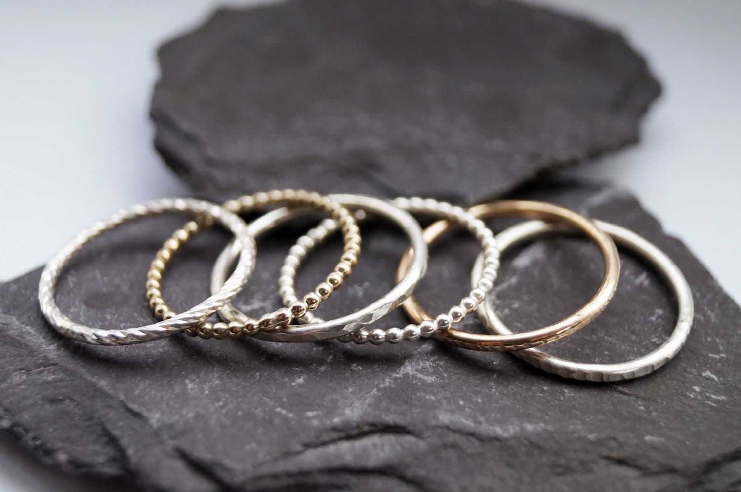 9ct Recycled Gold & Sterling Silver Six Stack ~ hammered, textured, stackable, stacking rings