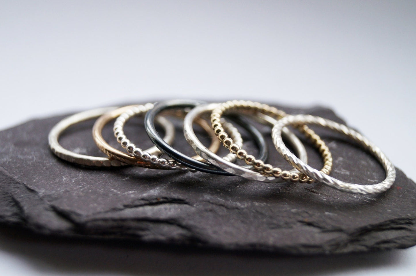 9ct Recycled Gold & Sterling Silver Seven Stack ~ stacking rings, gold, hammered, textured, stackable, beaded, recycled