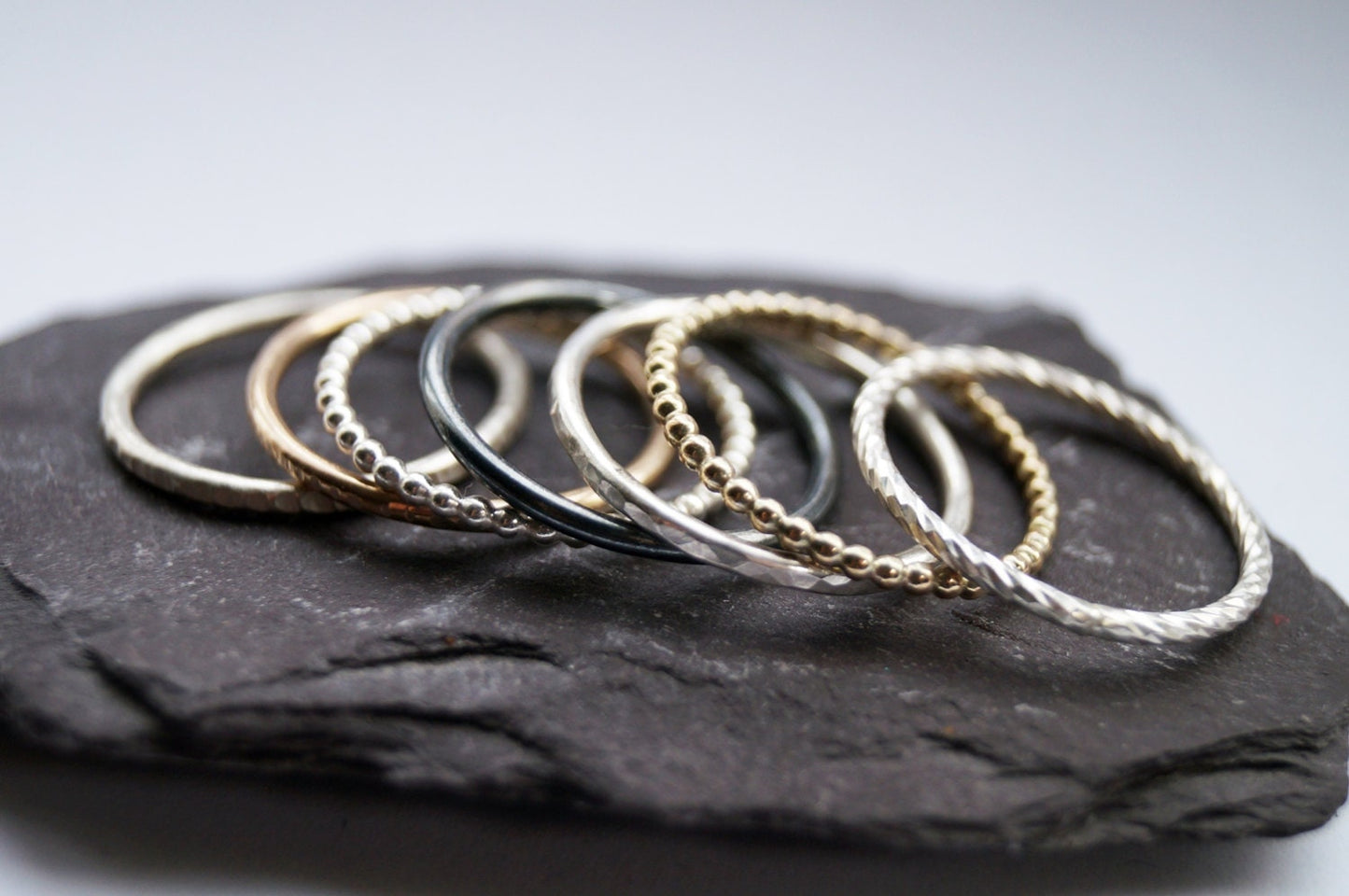 9ct Recycled Gold & Sterling Silver Seven Stack ~ stacking rings, gold, hammered, textured, stackable, beaded, recycled