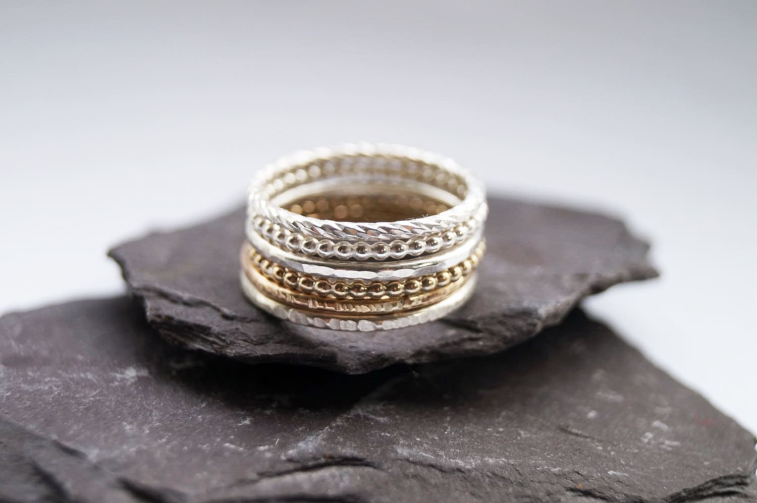 9ct Recycled Gold & Sterling Silver Six Stack ~ hammered, textured, stackable, stacking rings