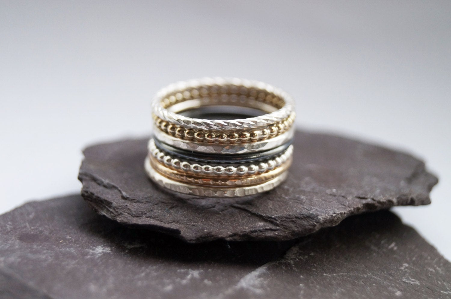 9ct Recycled Gold & Sterling Silver Seven Stack ~ stacking rings, gold, hammered, textured, stackable, beaded, recycled