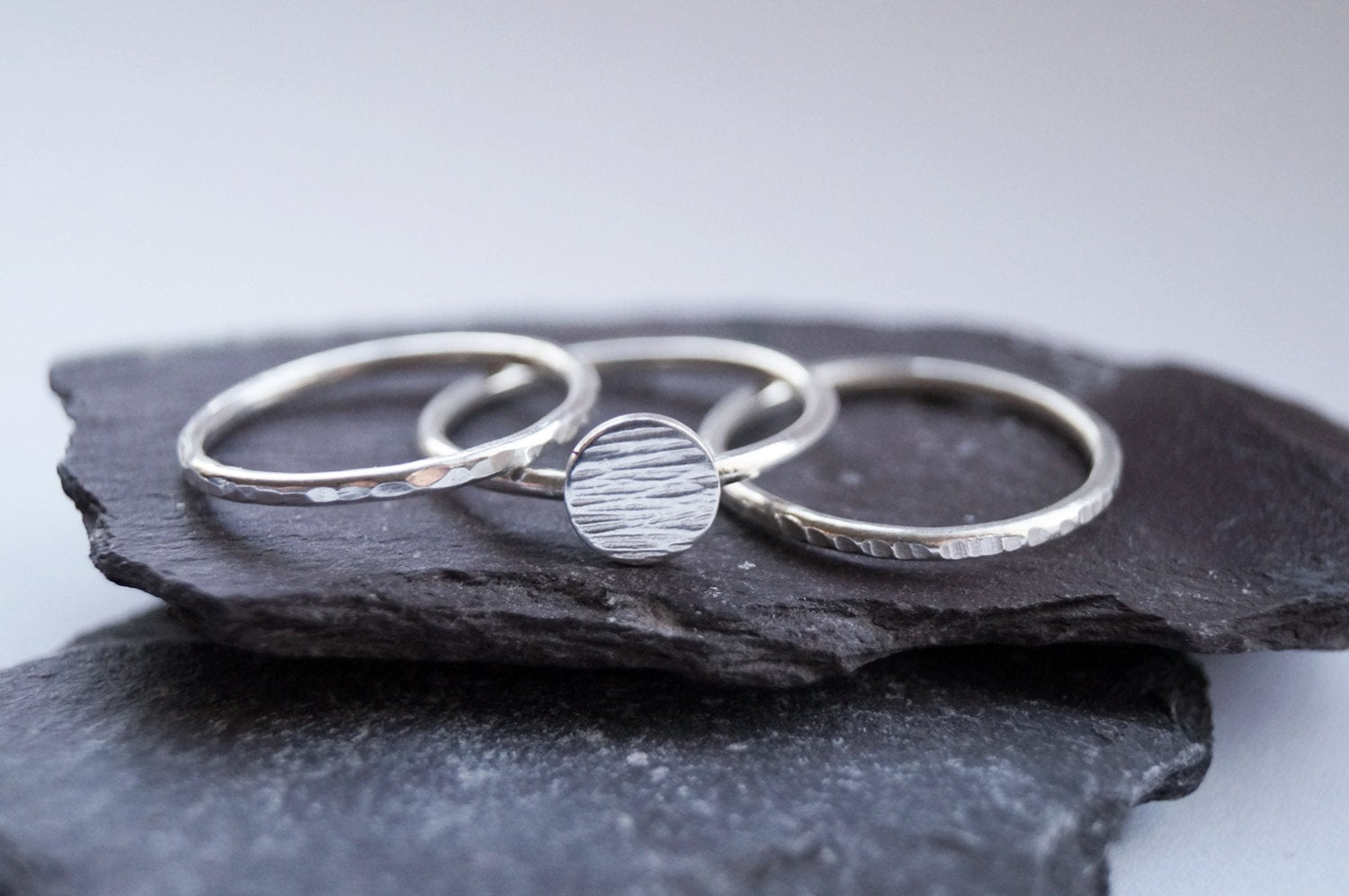 Hammered Disc Silver Stacking Rings ~ statement ring, hammered, modern, texture, disc, round, stacking ring, stackable, geometric, recycled