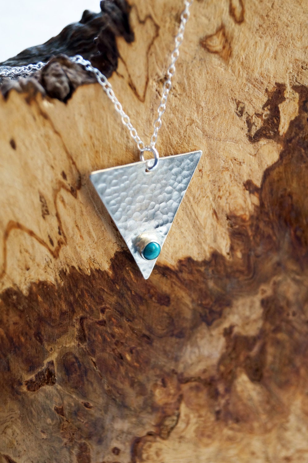 Turquoise Dimpled Large Triangle Sterling Silver Necklace ~ modern, geometric, triangle, pendant, minimal, statement, texture, gemstone